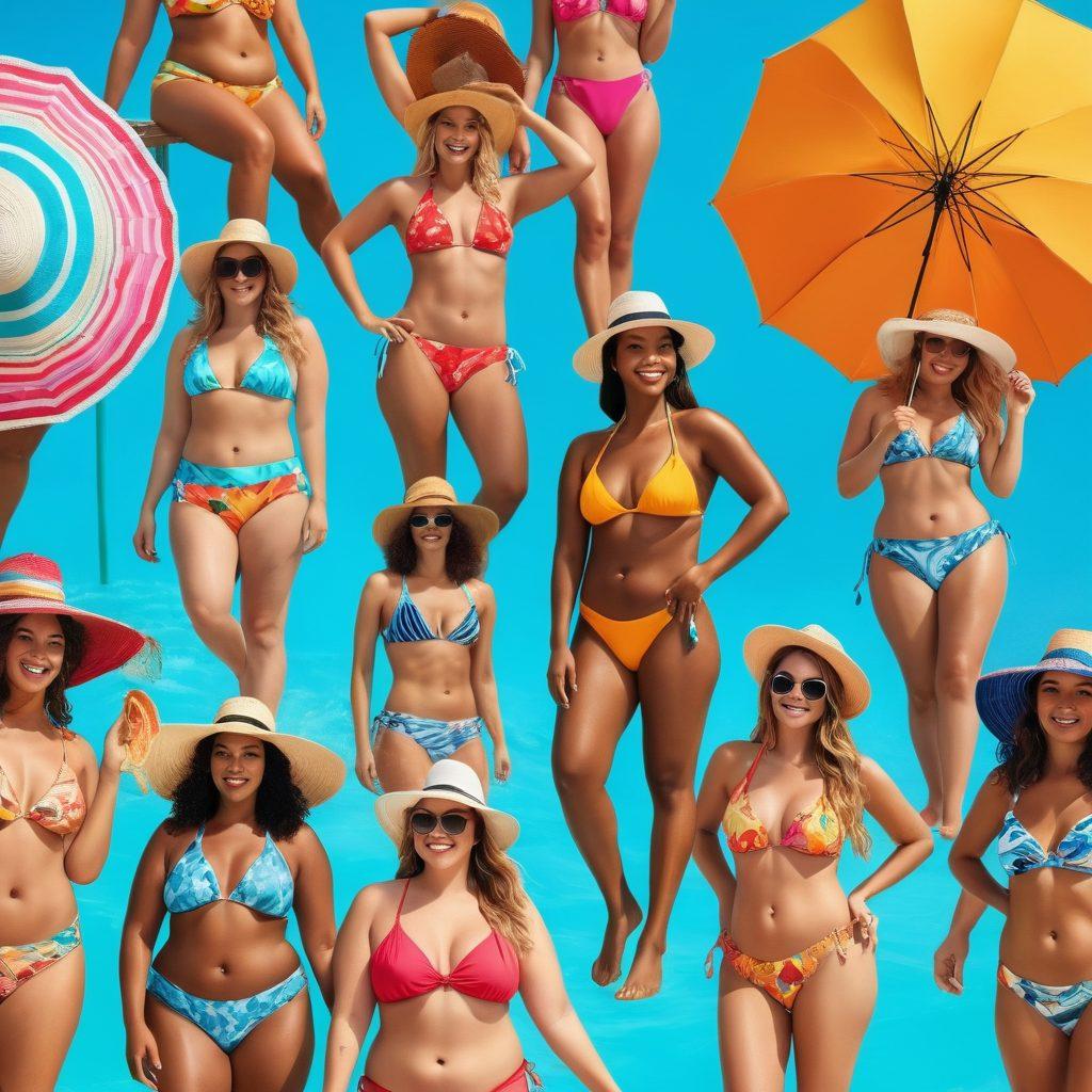 A vibrant beach scene showcasing a diverse group of women in various bikini styles, from classic cuts to modern designs, with bright and colorful patterns. Include elements like sun hats and beach umbrellas to add a lively atmosphere, with a picturesque ocean and sandy shoreline in the background. The image should convey a sense of empowerment and confidence in body positivity. bright colors. super-realistic.